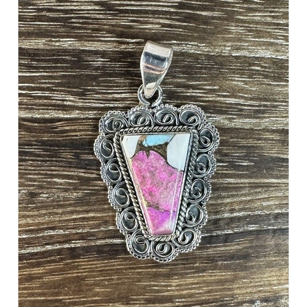 Native Southwest Style Sterling Cotton Candy Dahlia Turquoise Swirl Edge Pendant